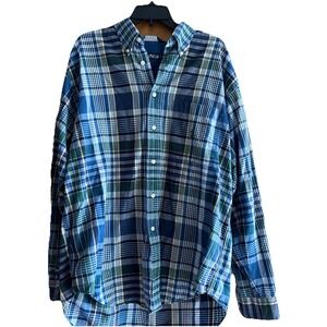 Nautica Men's L Blue Green Yellow Plaid Cotton Tartan Oxford 90's Preppy USA Vtg